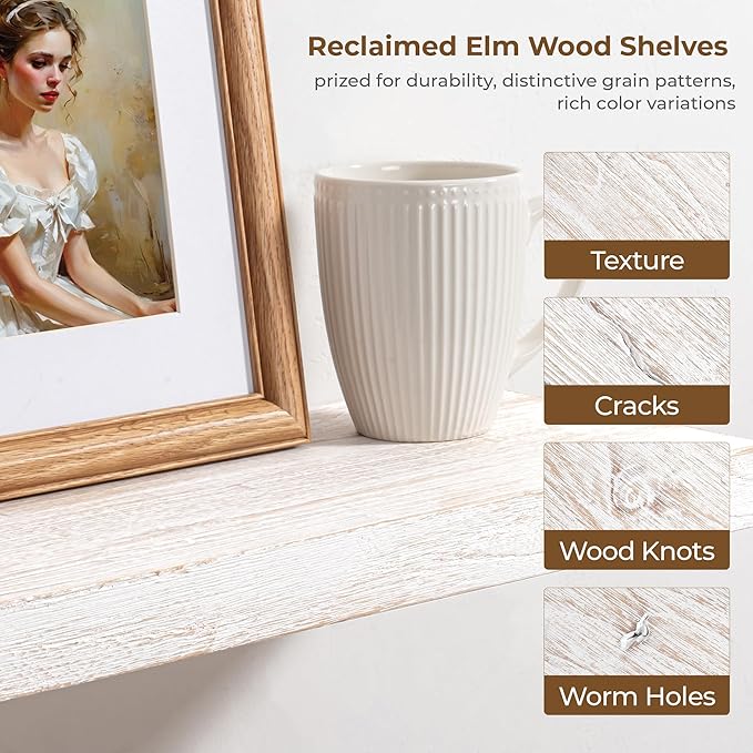 Axeman Floating Shelves - 24''W x 8''D Rustic Solid Elm Wood Wall Shelves for Storage, Wall Mounted Display Shelving with Invisible Heavy-Duty Metal Bracket (White Wash, 2PCs)