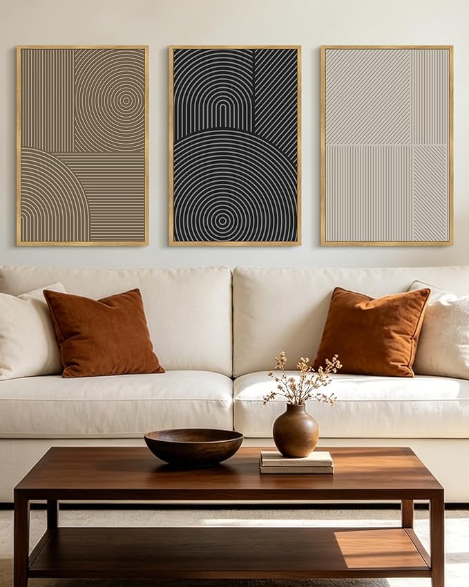 KUVIOKE Minimalist Abstract Boho Framed Wall Art Modern Mid-Century Bohemain Neutral Line Wall Decor Geometric Artwork Bedroom Decor 16x24in (Natural Framed)