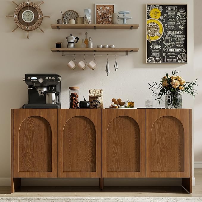 63" Sideboard Buffet Cabinet with Storage, 4 Door Solid Wood Veneer Sideboard Modern Arched Accent Cabinet with Adjustable Shelves, Large Credenza for Living Room,Kitchen,Entryway(Brown)