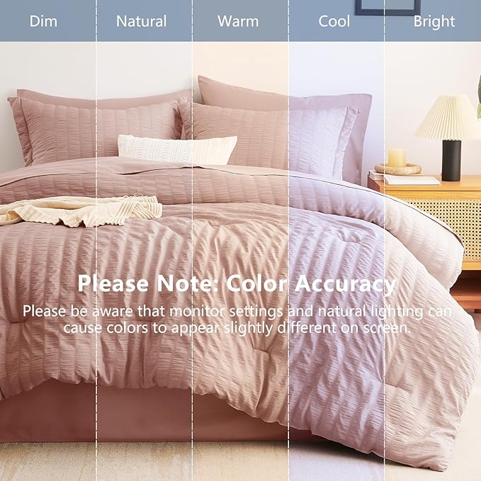 CozyLux Queen Comforter Set Rose Gold, 7 Pieces Seersucker Textured Luxury Bed in a Bag Queen, Dusty Pink All Season Bedding Set with Down Alternative Comforter, Sheets, Pillowcases & Shams, Home Gift