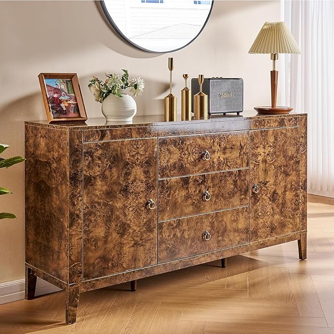 AMERLIFE 60" Large High Gloss Burl Buffet Sideboard Cabinet, Wood Sideboard Storage Cabinet with Drawers, Retro Handles, Heavy Duty Coffee Wine Bar Buffet Table for Dining Room, Living Room, Brown