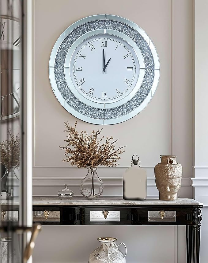 Crushed Diamond Wall Clock Round Decorative Mirrored Clock 24 inch Silver