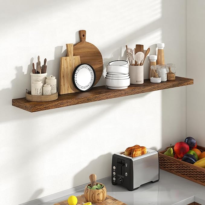 55 Inch Floating Shelves, 8 Inch Deep Floating Shelves for Wall, Hanging Shelf with Invisible Brackets, Deep Shelves for Bathroom, Bedroom, Living Room, Brown, Set of 1