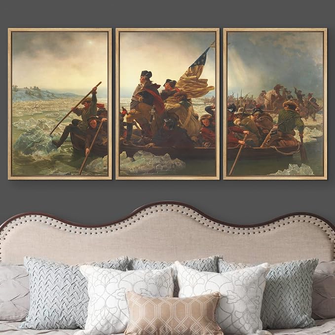 wall26 Framed Canvas Print Wall Art Set Washington Crossing The Delaware by Emanuel Leutze Cultural Historic Oil Painting Fine Art Reproduction for Living Room, Bedroom, Office - 24"x36"x3 Natural
