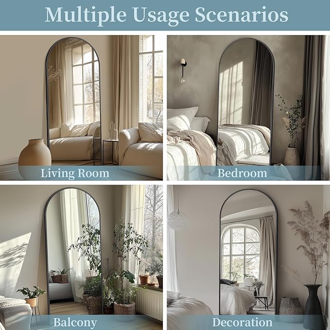 Full Length Mirror with Stand, 64"x21" Arched Full Body Mirror, Large Stand Up Aluminum Frame Floor Freestanding Hanging Leaning Mounted for Bedroom Living Room Entryway Black