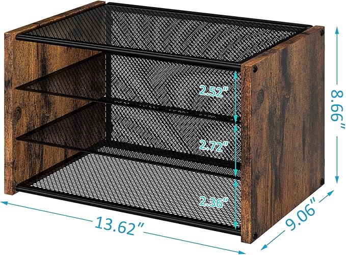 DAOUTIME 3-Tier Paper Letter Tray, Wooden Desk File Organizer, Stackable Metal Mesh Desk Organizer for Office Supplies. Small Paper Trays for Home Office School, Rustic Brown