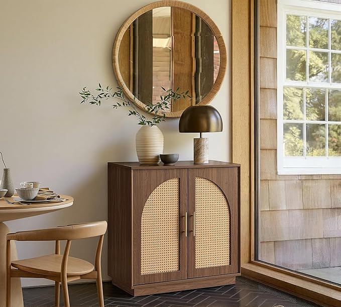 FORTUNETEC Sideboard Buffet Cabinet with Storage, 31.5" Modern Accent Cabinet with Rattan Arched Doors, Modular Media Console, Boho Credenza for Living Room Kitchen Dining Room Entryway, Walnut