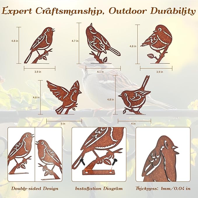 5PCS Rusty Birds Decoration, Outdoor Birds Wall Decor, Backyard Garden Decor for Outside, Rustic Yard Fence Decorations - Metal Yard Art, Birds Craft Sculptures and Statues Ornaments, Robins