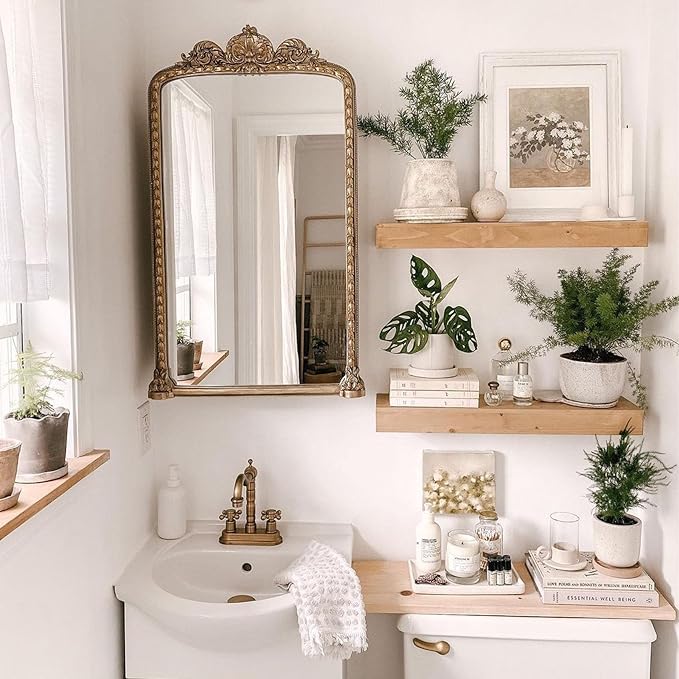 IAE Floating Wall Shelves 16 inch,Bathroom Shelf Wall Mounted,Invisible Shelf Floating Kitchen Shelves,Wooden Wall Shelving with Brackets for Living Room Wall Mounted,Easy Install,Set of 2,Natural