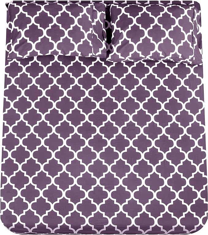 Mejoroom Full Bed Sheet Set - Super Soft Brushed Microfiber 1800 Thread Count Sheets with 16 inch Deep Pocket - Wrinkle Free - 4 Piece(Full, Purple Quatrefoil with White Pattern)