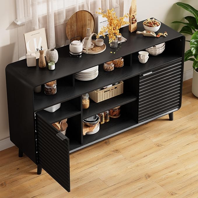 58 Inch Buffet Cabinet with Storage, Curved Buffet Sideboard w/2 Doors, Open Storage Shelf, Adjustable Shelves, Wooden Coffee Bar Cabinet for Kitchen, Living Room, Black