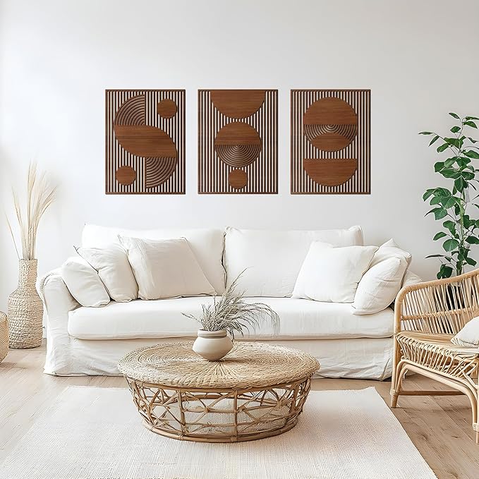 Homenthus 3 Pcs Abstract Wood Wall Art, Mid Century Modern Geometric Wood Wall Decor Minimalist Wooden Wall Art Decor Panels for Boho Living Room Bedroom Kitchen Dining Room Office Home Wall Decor