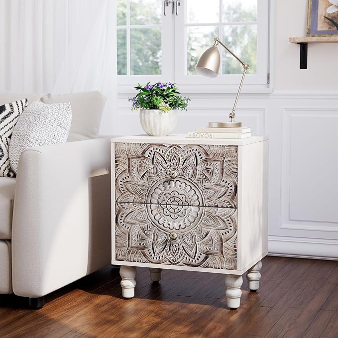 HOMPUS White Nightstands Set 2, Vintage Nightstands with 2 Drawers, Farmhouse Bedside Tables Set of 2, Easy to Assemble End Tables with Lotus Pattern for Small Spaces, Bedroom, Guest Room, White