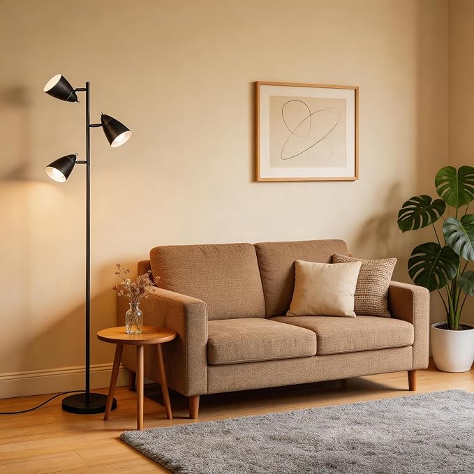 LALISU Tree Floor Lamp for Living Room, Industrial 3-Light Standing Lamp with 3 LED Bulbs, Adjustable Rotation Heads, Standing Tall Pole Lamp Farmhouse Rustic Reading Lamps (Brushed Black)