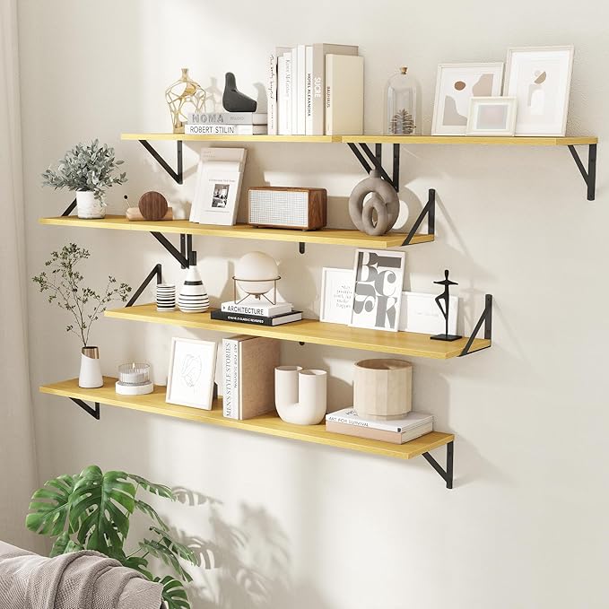 55" Long Wall Mounted Floating Shelves,8 inch Deep Floating Shelf with Metal Brackets Set of 2,Easy-to-Install Wall Decor Storage Ledges for Living Room,Bathroom,Bedroom,Kitchen,Office,Oak