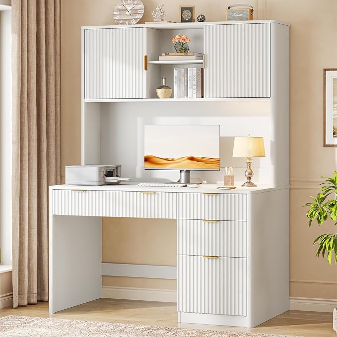 Vabches 67" H Executive Desk with FlutedDrawers,4 Drawers Fluted ComputerDesk,Wood Workstation with Hutch and BarnDoors for Work and Study,Cream White