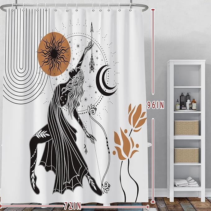Baocicco Boho Shower Curtain Sun Moon Women Bow and Arrow Plants Modern Geometric Shower Curtains Decorative for Bathroom Waterproof Fabric Shower Curtain with Hooks 72x96 Inches