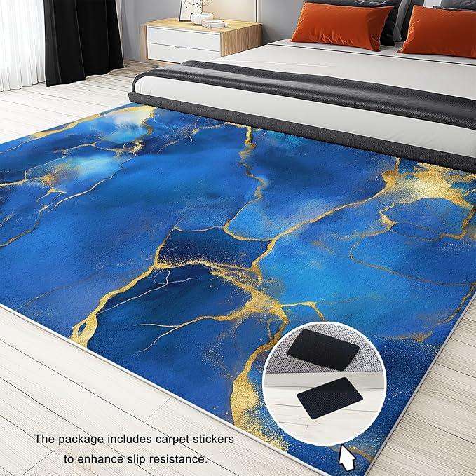 Blue 3 x 5 ft Area Rug Machine Washable Carpets, Soft Abstract Marble Gold Texture Print Carpet Non-Slip Doormat - Low-Pile Rugs for Living Room Bedroom Kitchen Dining Room Hallway