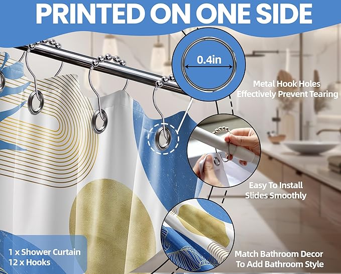 Light Blue and Gold Shower Curtain Boho Blue and White Shower Curtains for Bathroom Decor Mid Century Modern Bath Curtain Set, Waterproof Fabric with Hooks 70 x 72 Inch