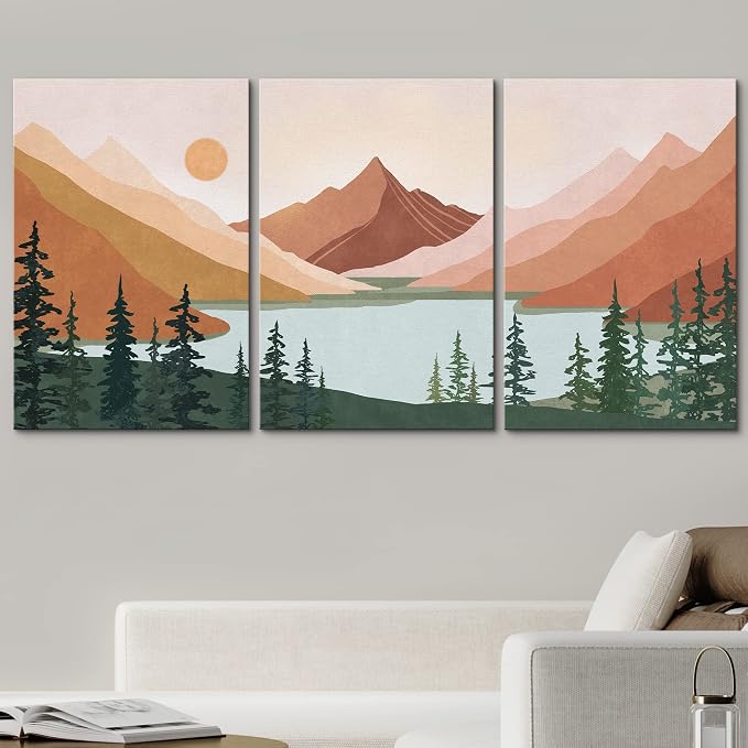 wall26 Canvas Print Wall Art Set Geometric Mountain Forest Lake Abstract Nature Illustrations Modern Art Nordic Decorative Wilderness Zen Minimal Boho for Living Room, Bedroom, Office - 24"x36"x3