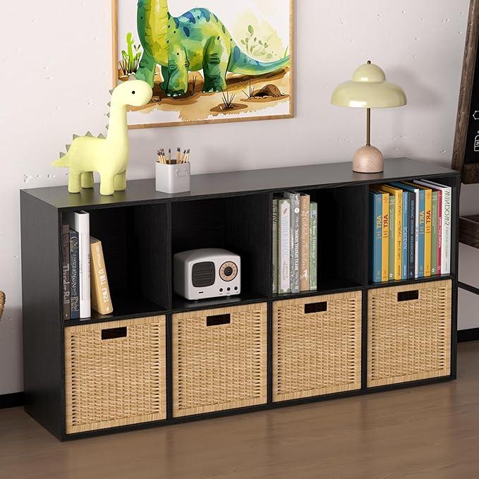 Wooden 8 Cube Storage Organizer with Closed Back Panel,Black Cube Shelf Cubby Storage Organizers with Compartments for Living,Bookshelf,Organizers Easy to Install (Black, 8 Cube)
