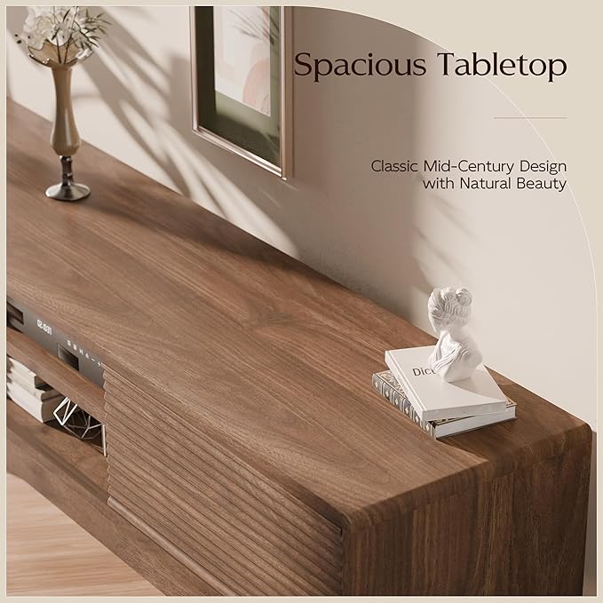TOLEAD 59" TV Stand, Mid Century Modern Television Stand for 43/55/65 inch TV, Low Profile TV Console with Fluted Sliding Doors, Boho Light Wood Credenza for Living Room, Walnut