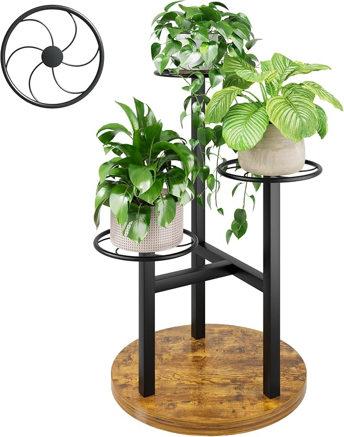 3 Tier Plant Stand Indoor Outdoor,Tiered Plant Stands,Wood Plant Shelf for Multiple Plants, Wrought Iron Flower Stand, Tall Plant Rack Shelf for House Patio Garden - BlackKite