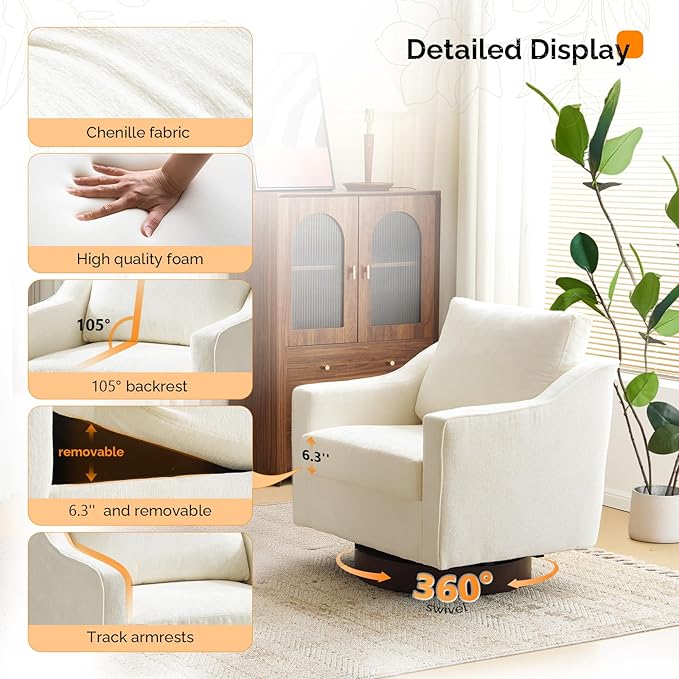 VINGLI Mid-Century Modern Swivel Accent Chairs Set of 2, 360°Upholstered Armchairs, Home Sofa with Track Arms for Living Room, Bedroom, Reading Room, Club Swivel Chairs, Chenille Beige