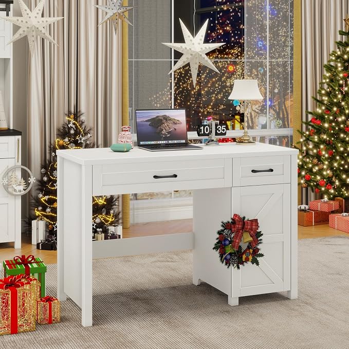 Vabches Farmhouse 47" Executive Desk, Computer Desk with Drawers and Storage Cabinet, Workstation for Home Office and Study.(Cream White)