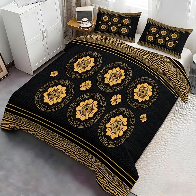 Blossoms Floral Duvet Cover Queen Size, Vintage Greek Key Meander Bedding Set 3 Piece, Luxury Black Gold Patterned Comforter Cover with Zipper Soft Microfiber, 2 Pillowcases