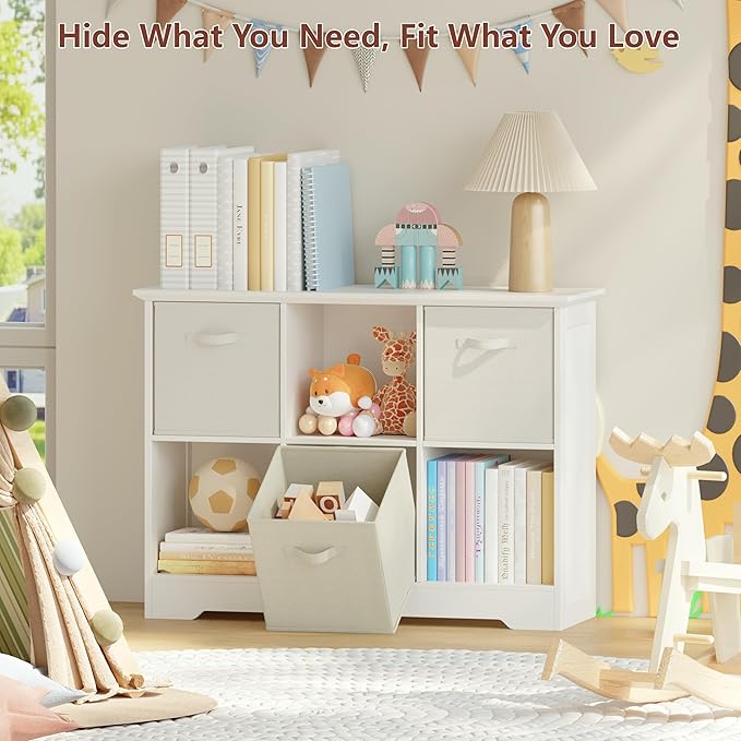VORONOI 6 Cube Storage Organizer with 3 Fabric Drawers and Removable Shelves — Modular Cube Bookshelf for Bedroom, Living Room, or Home Office, Short Cube Bookcase for Toys, Decor,White
