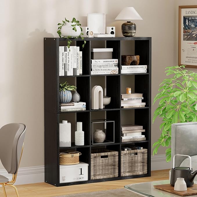 12-Cube Storage Organizer, Wooden Cube Shelf Bookcase with Reinforced Thick Shelves, Heavy-Duty 36.93" L x 9.37" W x 48.82" H, for Living Room Bedroom Home Office, Black