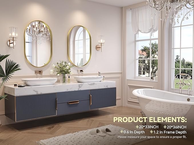 Brightify Gold Oval Mirror for Bathroom 20x33 Inch, Metal Framed Bathroom Vanity Mirrors, Modern Wall Mirror for Bedroom Living Room Wall Decorative Hang Vertical and Horizontal