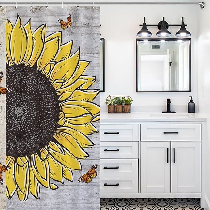 Inspirational Quotes Sunflowers Butterfly Shower Curtain,Vintage Old Newspaper Board Background Sunflower Animals Waterproof Shower Curtains for Bathroom Decor 12 Pack Hooks 66x72in（168x183cm）