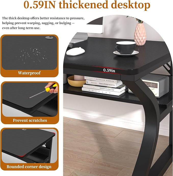 55 X 23.6'' Computer Desk, Home Office Desks w/Shelf Storage, Computer Desk w/Metal Frame, Cable Management, Study Student Desk Writing Work Table Deeper & Thicker Desktop for Home Bedroom