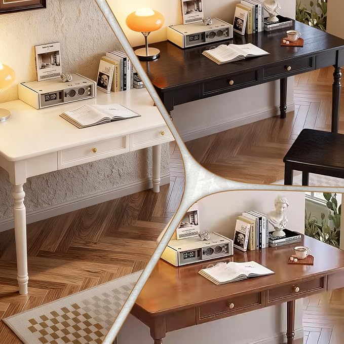 Solid Wood French Country Desk,Writing Desk with Storage Drawers,Farmhouse Computer Table Makeup Table Modern Simple Style,for Home Office Living Room Study Workspace Bedroom (White, 47.2IN)