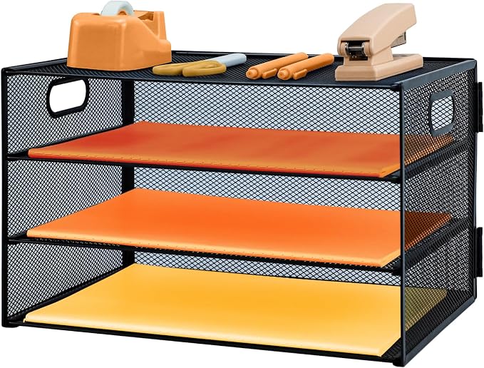 3 Tier Letter Tray Paper Organizer with Handle Desk Paper Organizer Tray, Desktop File Folder sorter Holder for Home Office School