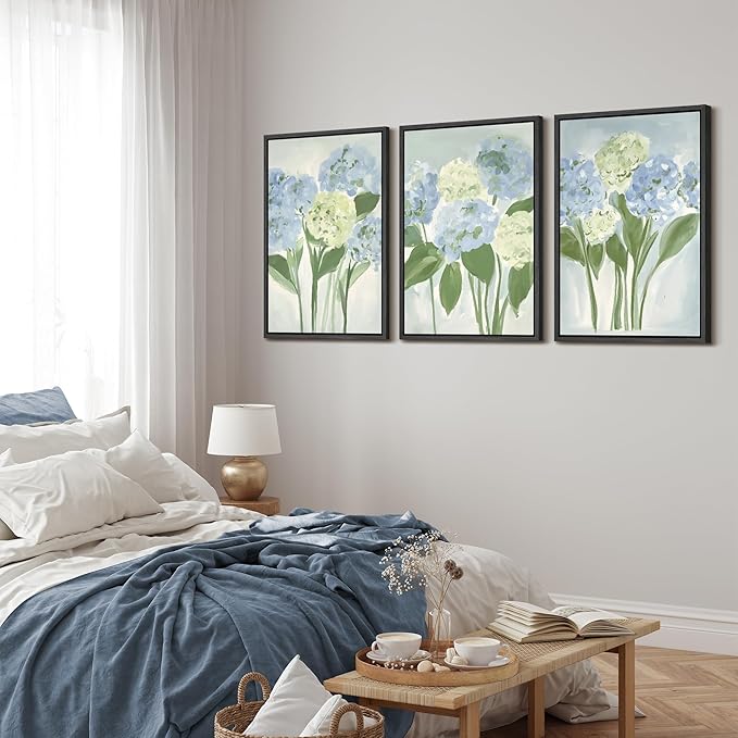 MUDECOR Framed Wall Art Print Set Blue Hydrangea Floral Botanical with Green Leaves Illustrations Modern Art Boho Decorative Colorful Chic for Living Room, Bedroom, Office - 24"x36"x3 Black