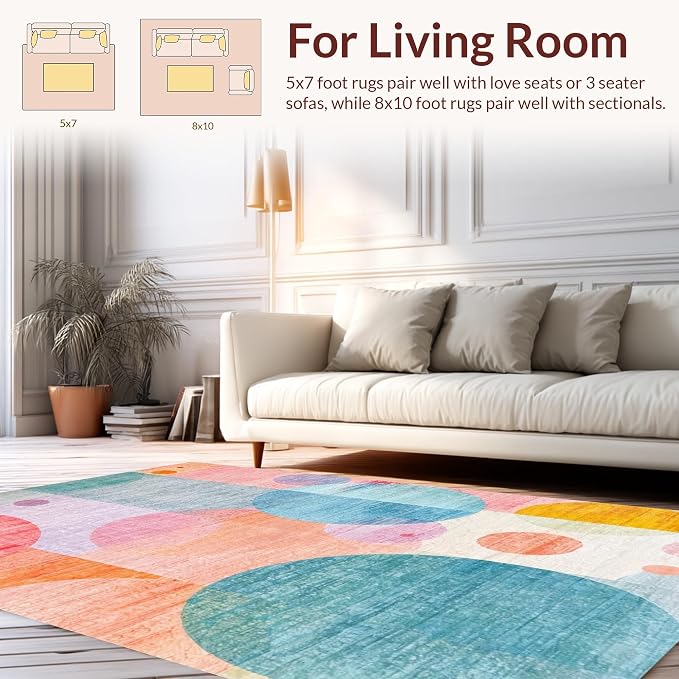 Flatwoven High Traffic Area Rug 6x9, Playful Bubble Cluster with Overlapping Circles and Translucent Color Blends, Non Slip, Stain Resistant, Washable Area Rugs for Living Room, Bedroom (Red, 6x9)