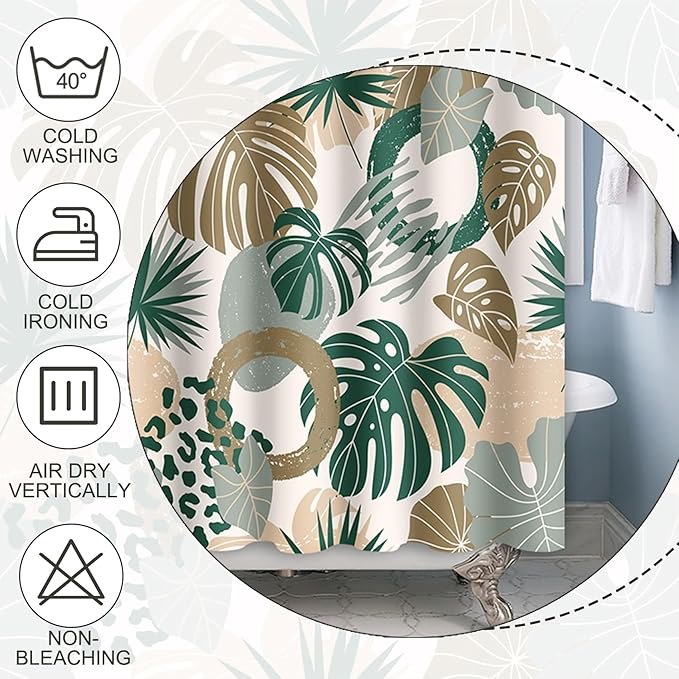 Baocicoo Bohemian Monstera Leaves Boho Floral Shower Curtain Decorative for Bathroom Cubicle Bathtub Waterproof Fabric Vacation Style with Hooks 72x78 Inches