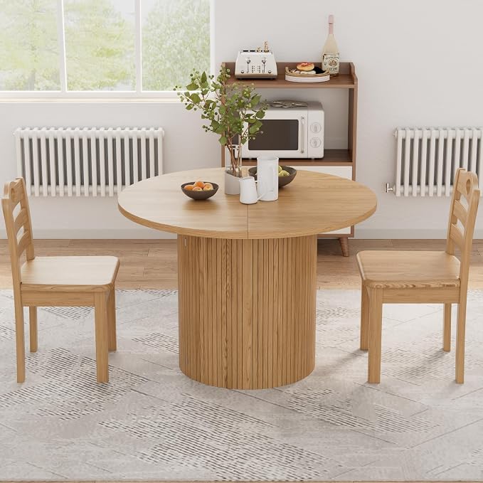 43-95 inch Long Round Extendable Dining Table for 4-10, Space Saving Oval Large Dinner Kitchen Table with 3 Leaf, 2 Storage, Fluted Mid Century Modern Dining Room Table for Living Room, Natural