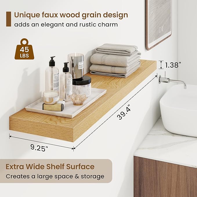 40in Floating Shelves for Wall, 40"W x 9.25"D x 1.25"H, 2 Pack Long Wall Mounted Engineered Wood Shelves with Invisible Brackets for Living Room, Bedroom, Bathroom, Kitchen Decor and Storage, Oak