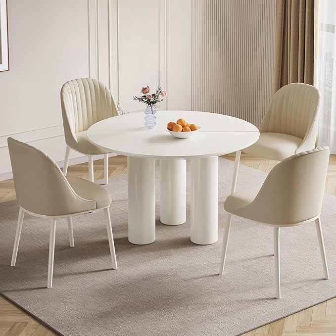 46.06" White Dining Table for 4 Round Kitchen & Dining Room Tables with Thicken Tabletop and Wooden Legs Circle Leisure Coffee Dinette Table for Kitchen, Living Room, Office