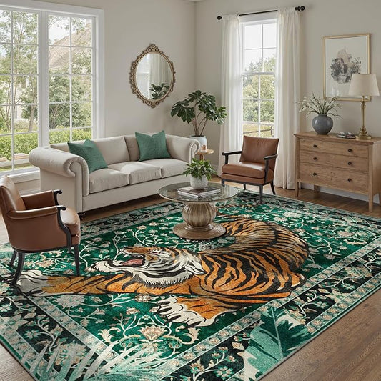 DCX Washable 8x10 Tiger Area Rug, Green Vintage Animal Rug for Living Room, Soft Low Pile Carpet, Kid & Pet Friendly with Rubber Back Non Slip, Stain Resistant Rug for Bedroom Dining Room Office