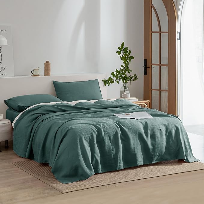 EVERLY Linen Sheets California King Size,100% Stonewashed French Linen Sheets Deep Pocket Sheets,4Pieces (1Flat Sheet,1Fitted Sheet,2Pillowcase) Natural Flax Soft and Breathable for Hot Sleepers-Aqua