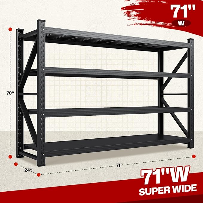 6000LBS Storage Shelves,71" W Garage Shelving Heavy Duty,4 Tier Adjustable Metal Shelving Unit,Garage Storage Shelves for Garage,Warehouse,Basement,Pantry,Kitchen,71" W x 70" Hx24 D,Black
