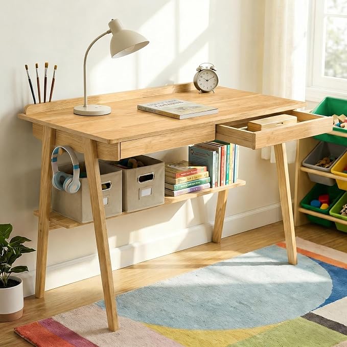 47" Small Solid Wood Desk with Drawers & Storage Shelf,, Walnut Wooden Standing Desk, Home Office Desk for Small Spaces, Mid Century Modern Desk for Study, Bedroom, Living Room, Office (Wood2, 47“)