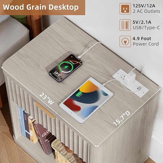LEYAOYAO Fluted Farmhouse Nightstand Set of 2 with Charging Station, 23" Wide 1 Drawers Night Stand,LightGrey Dresser for Bedroom,Bed Side Table Chest of Drawers,Wood End Table for Living Room