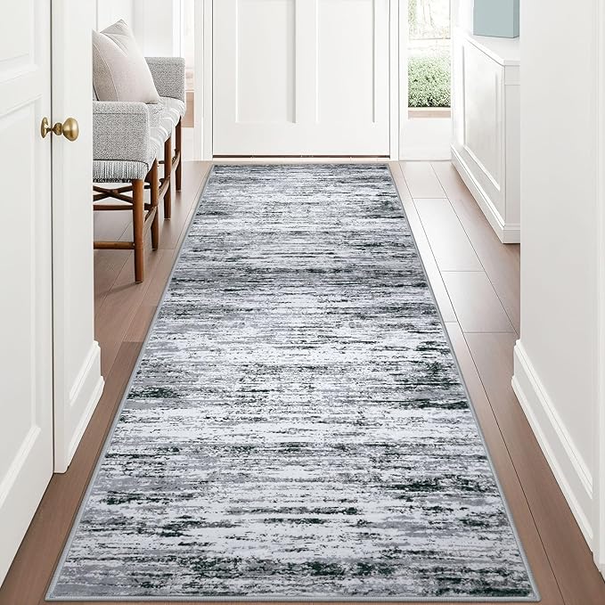 Lansny Modern Abstract Runner Rug 3x8, Black Grey White Washable Kitchen Runner Non-Slip Soft Hallway Rug Runner Thin Print Faux Wool Carpet for Entryway Bedroom Laundry Room Indoor Home Office Decor