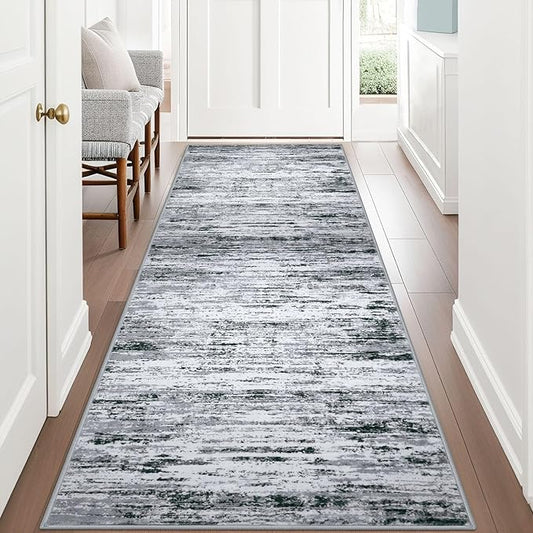 Lansny Modern Abstract Runner Rug 3x8, Black Grey White Washable Kitchen Runner Non-Slip Soft Hallway Rug Runner Thin Print Faux Wool Carpet for Entryway Bedroom Laundry Room Indoor Home Office Decor